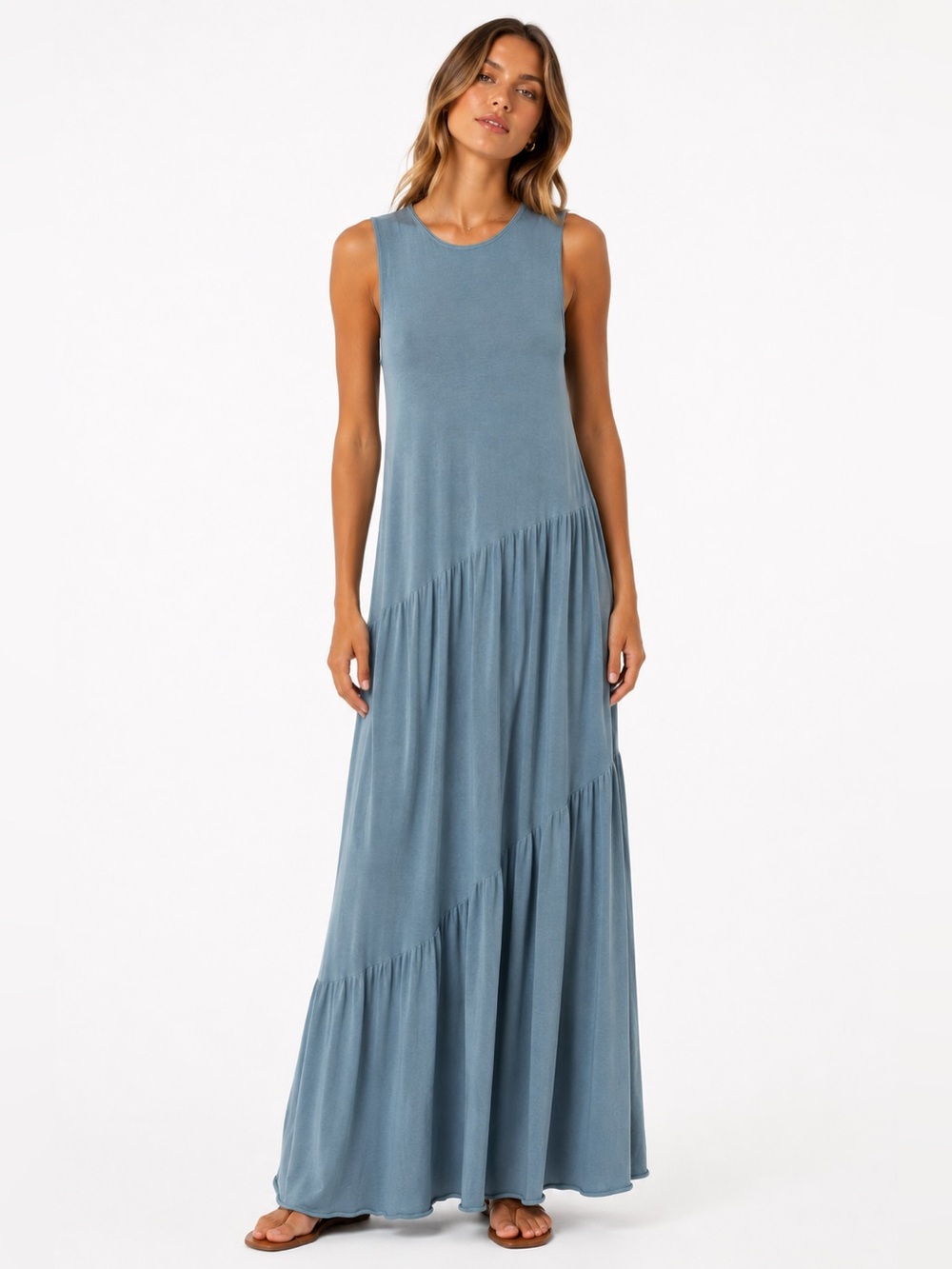 Vince Sleeveless Drop-Waist Tiered Maxi Dress in a washed dusty blue Size Small